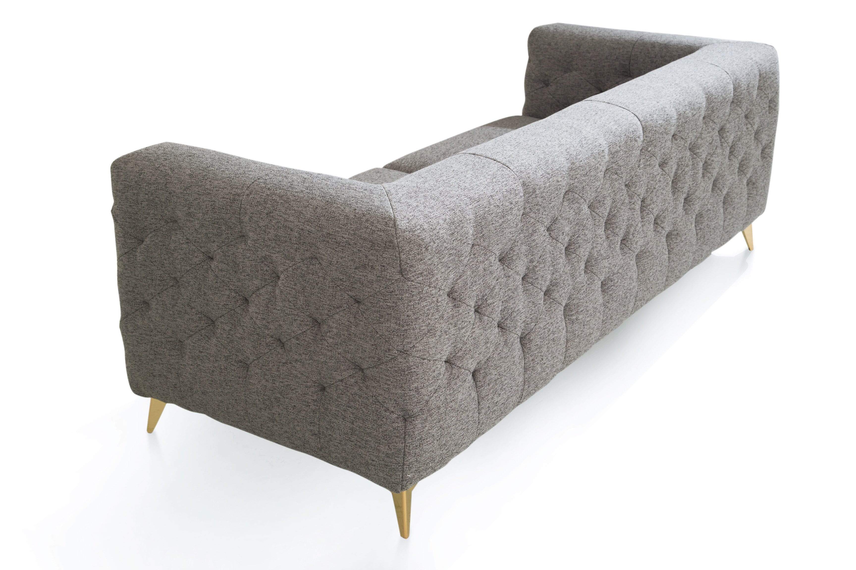 Carlyle Sofa Linen Textured Upholstery Tufted Shelter Arm Gold Tone Metal Legs