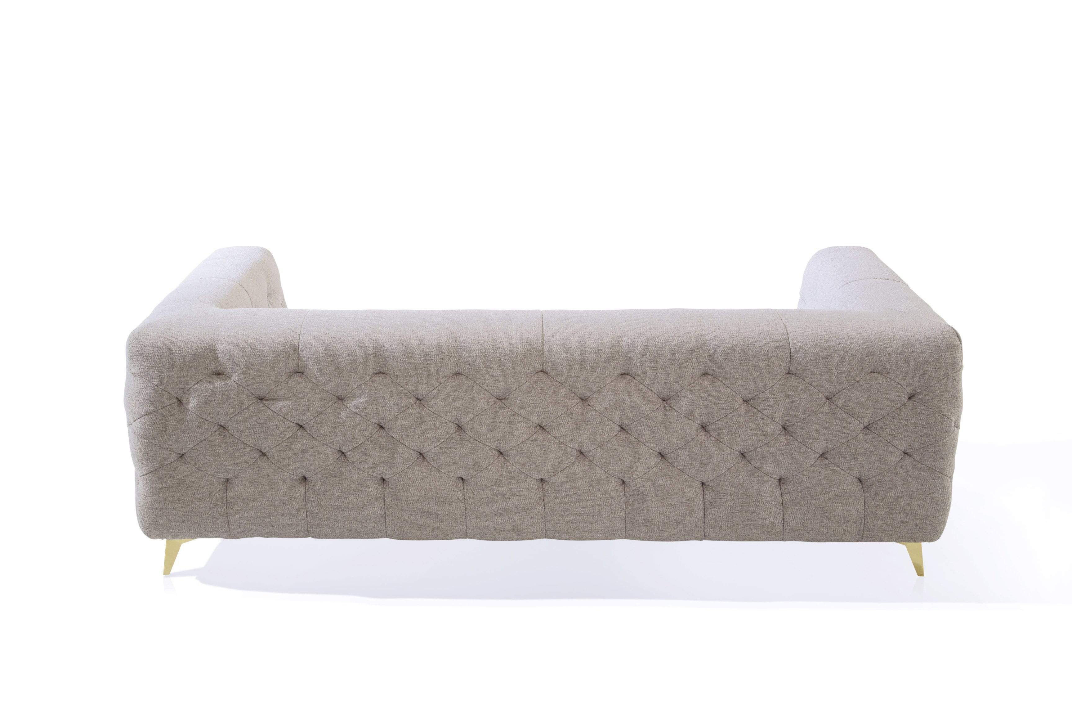 Carlyle Sofa Linen Textured Upholstery Tufted Shelter Arm Gold Tone Metal Legs