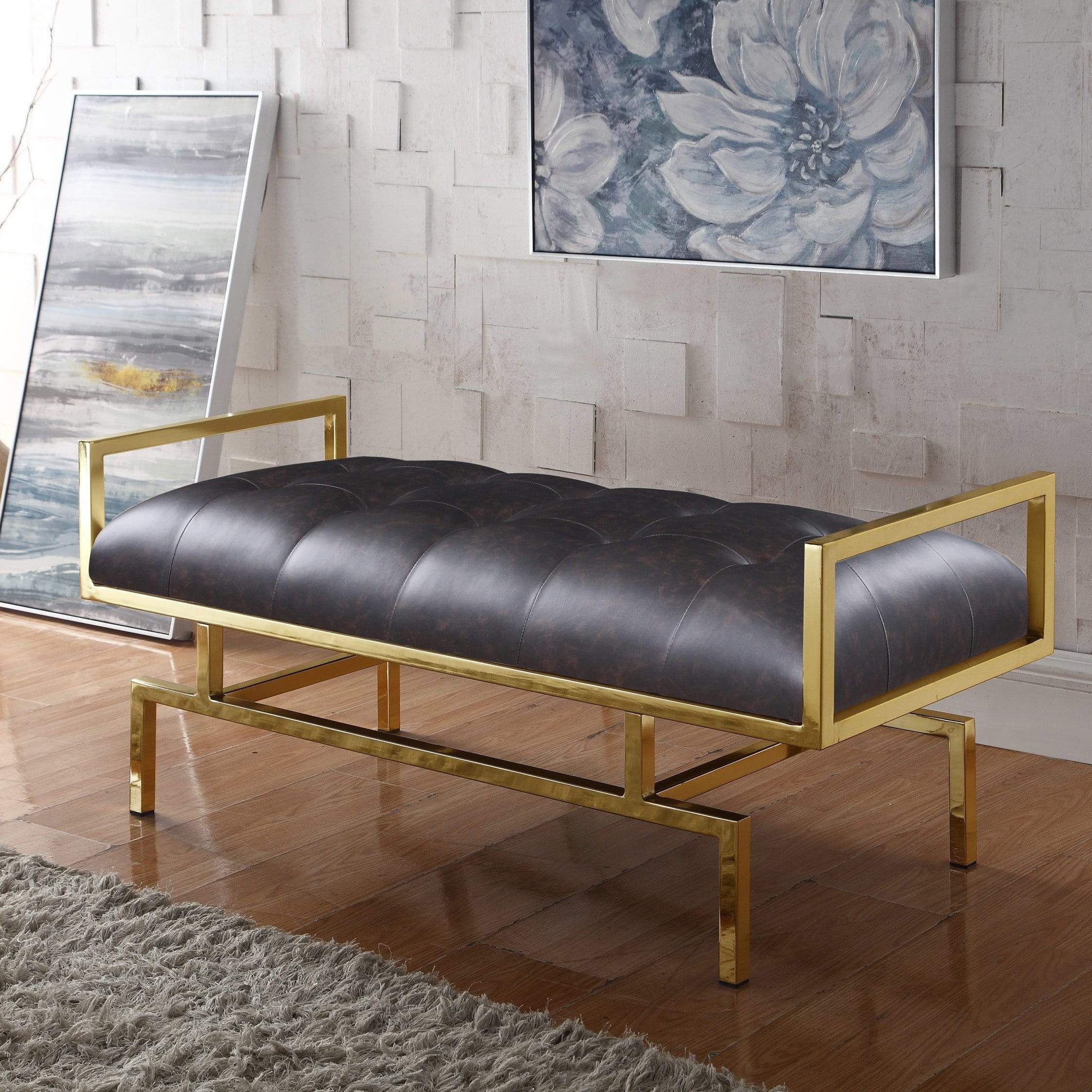 Katharine Tufted Faux Leather Bench Gold Metal Frame