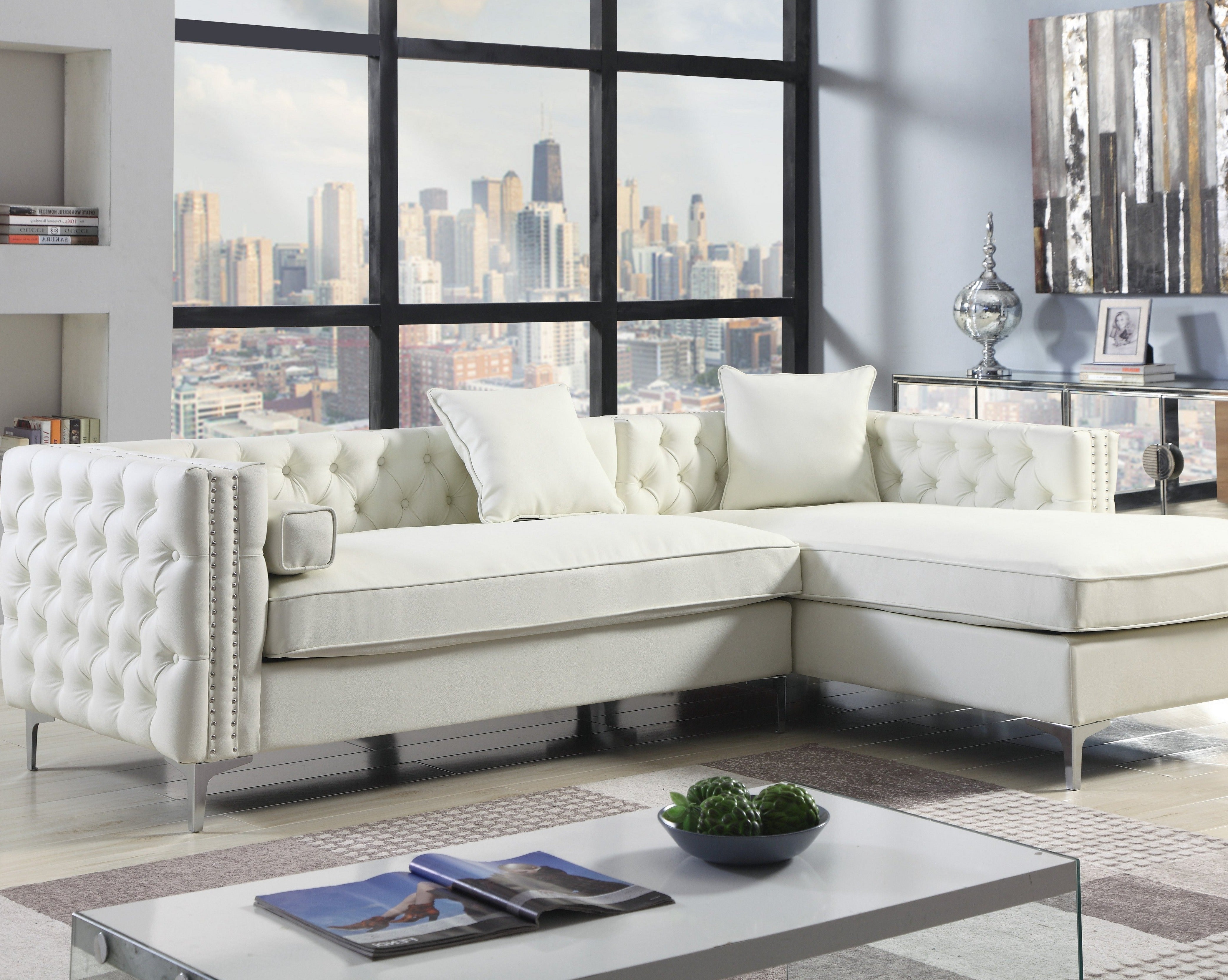Monet Right Facing PU Leather Tufted Sectional Sofa