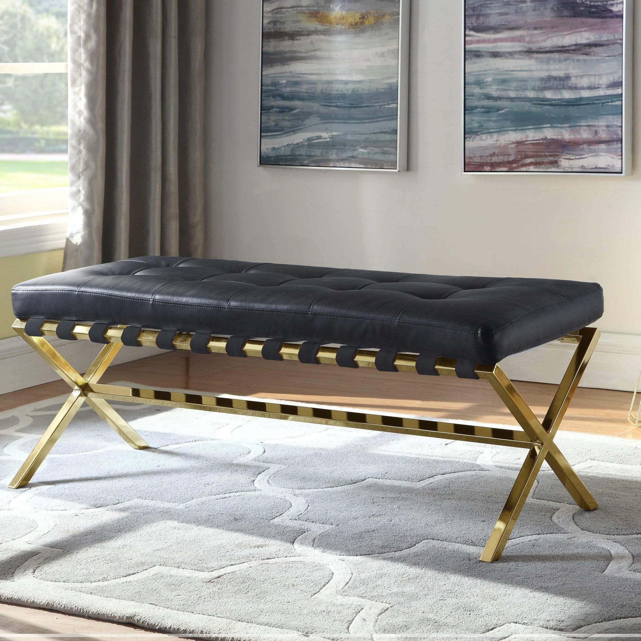 Perez Tufted Faux Leather Bench X-Frame