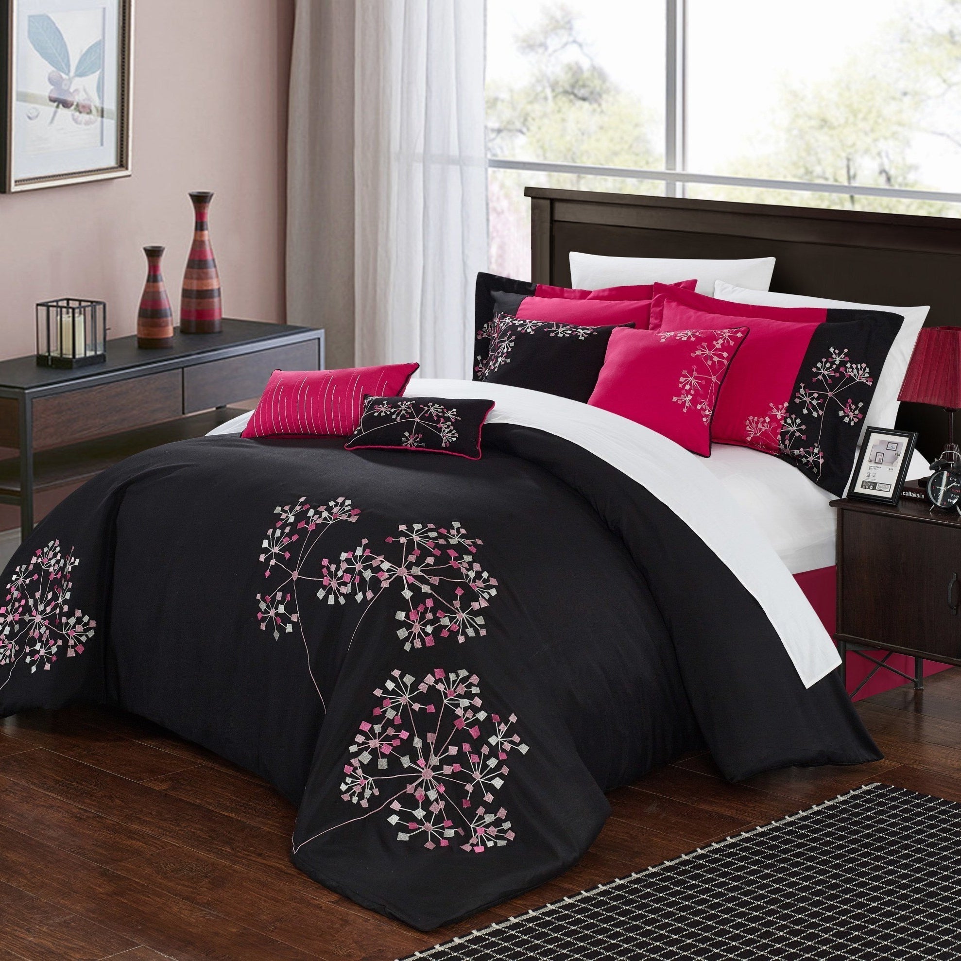 Pink Floral 8 Piece Floral Comforter Set