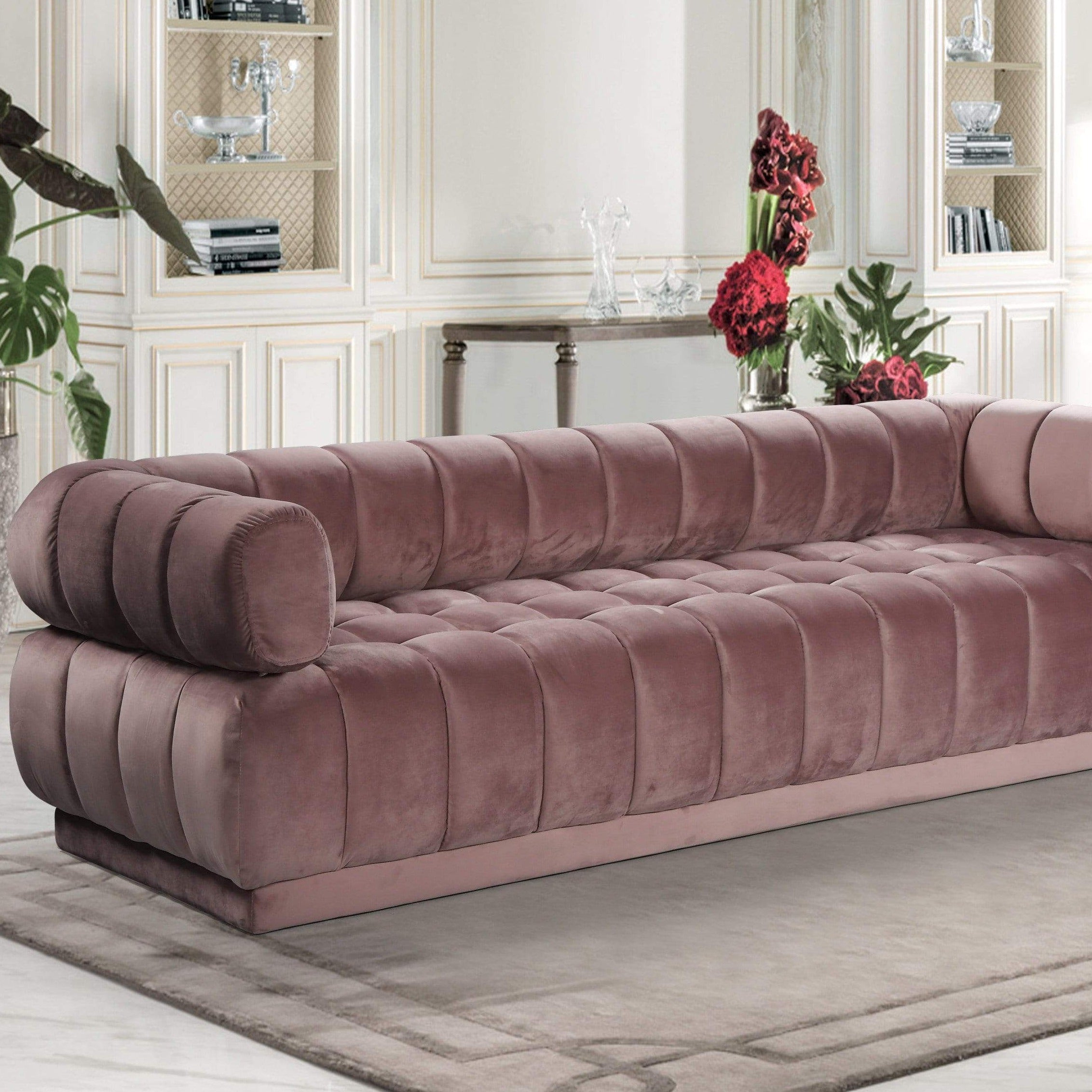 Tofino Sofa Velvet Upholstered Vertical Channel-Quilted Shelter Arm Tufted Design